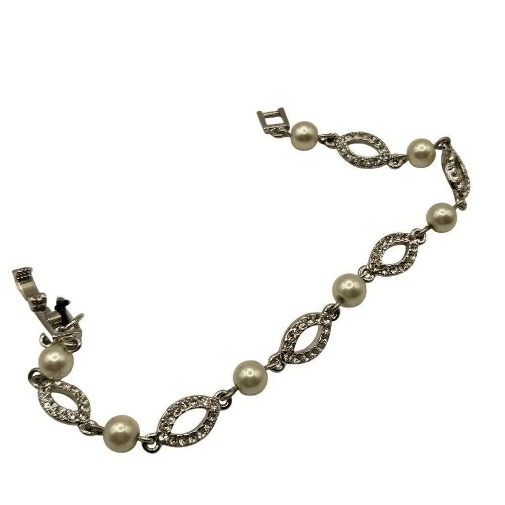 Givenchy Faux Pearl Rhinestone Bracelet Silver Tone